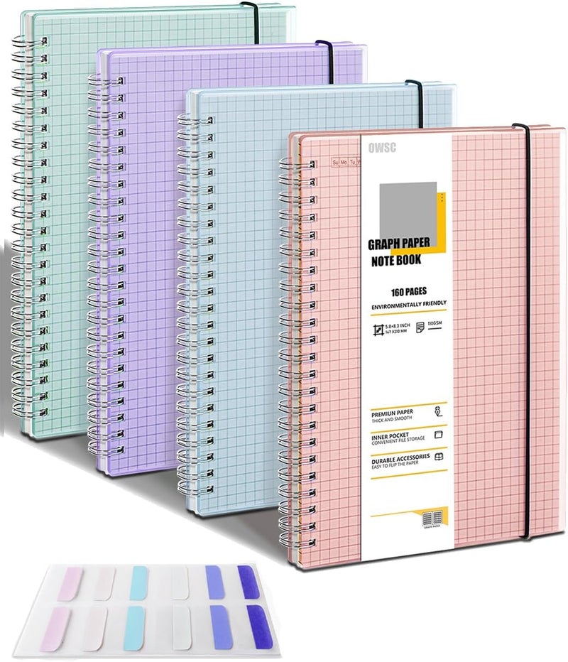 OWSC 4 Pack Graph Notebook, 5.9 x 8.3 Inches Spiral Notebooks for Work, School and Journal with 110 GSM Graph Paper, Small Notebook with 80 Sheets/160 Pages, Hardcover Grid Paper Notebook - Image 1